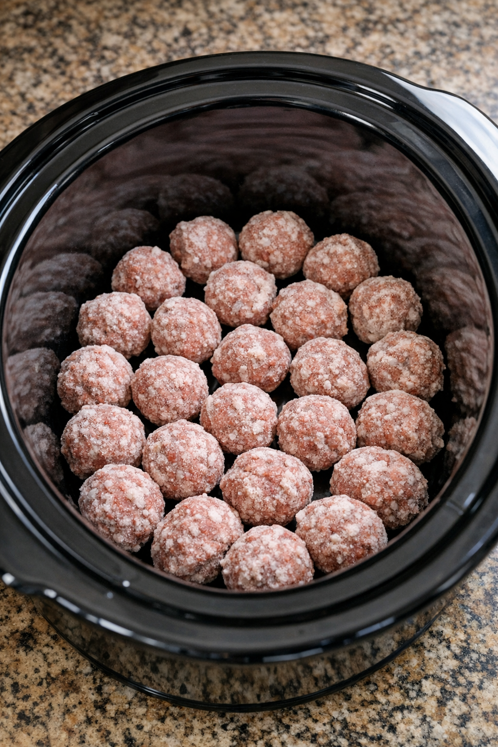 Frozen raw beef meatballs spread in the bottom of a slow cooker