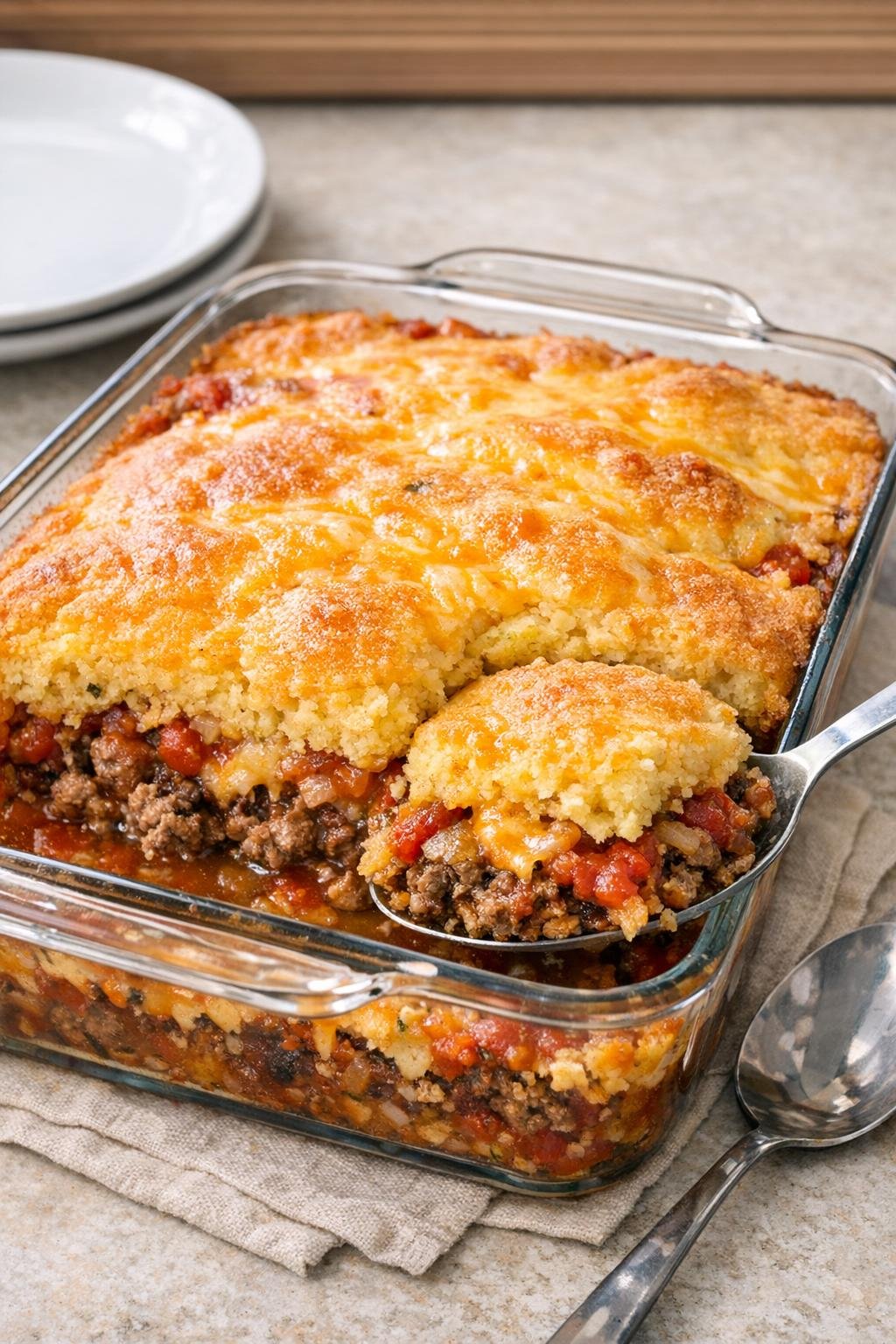 Finished taco cornbread casserole in baking dish