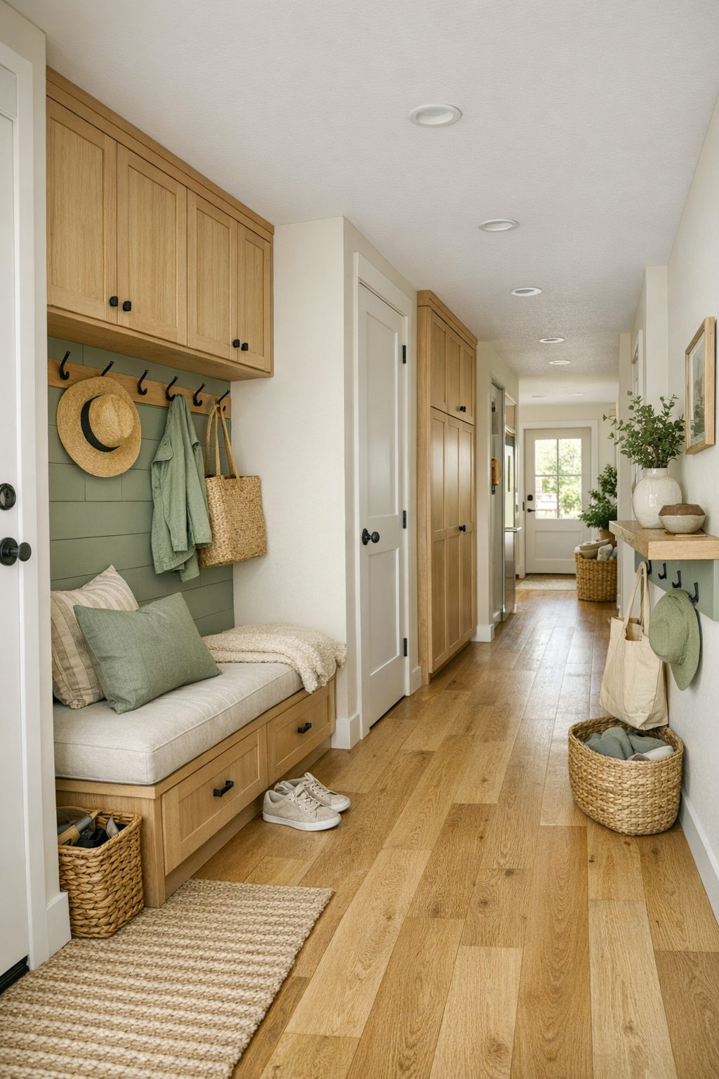 Tiny home entry and storage area with built-in bench and cabinetry