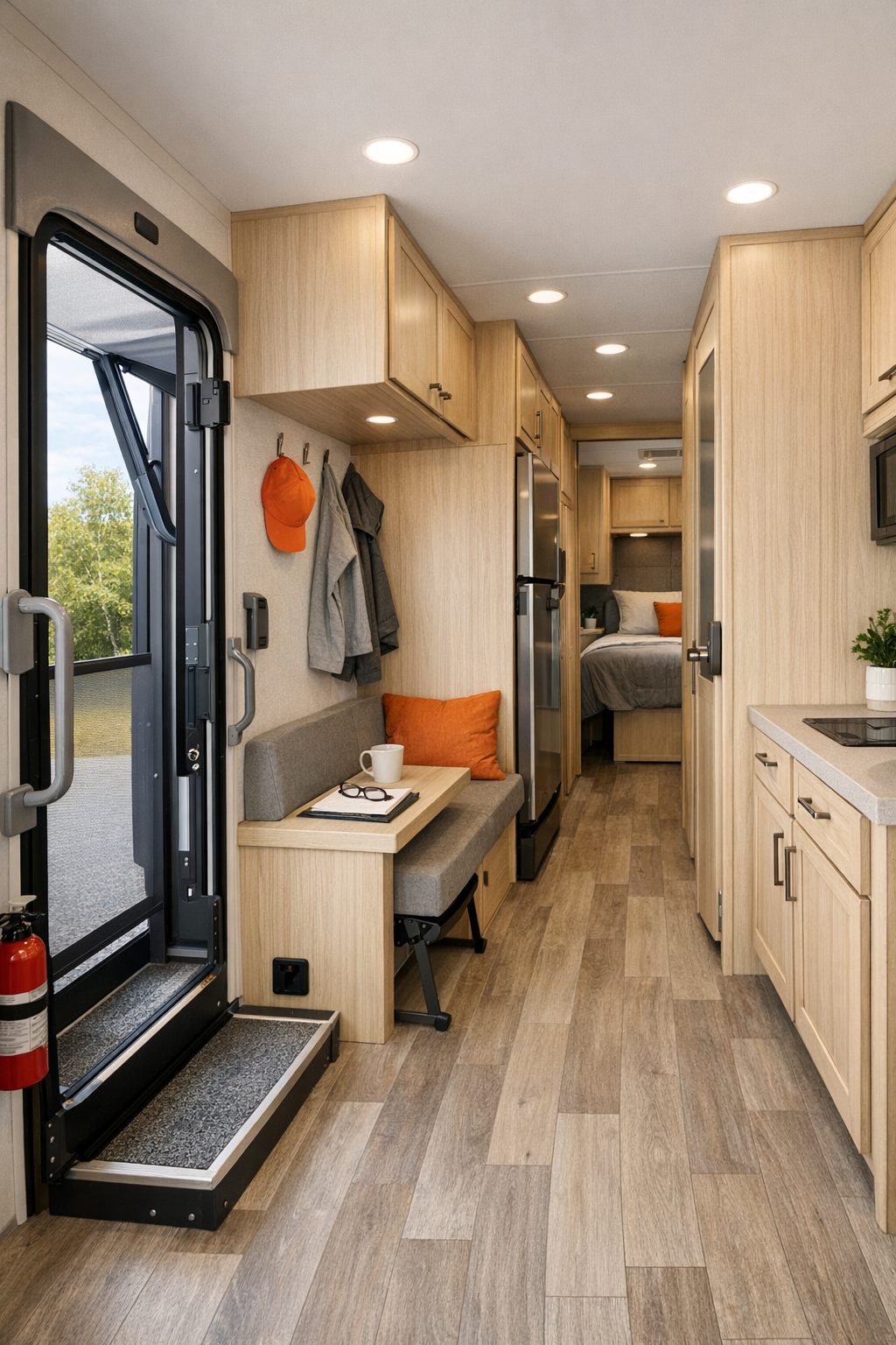 Accessible RV entry and multipurpose area with built-in storage, light wood finishes, and open circulation