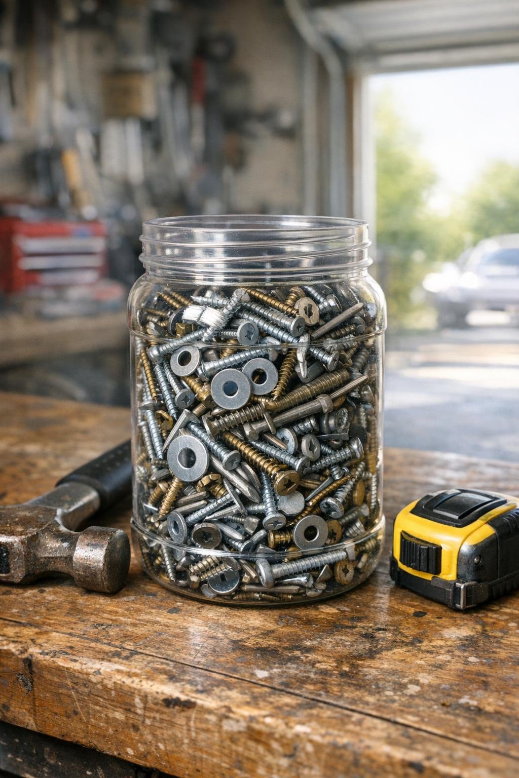 Plastic peanut butter jar holding screws and small hardware