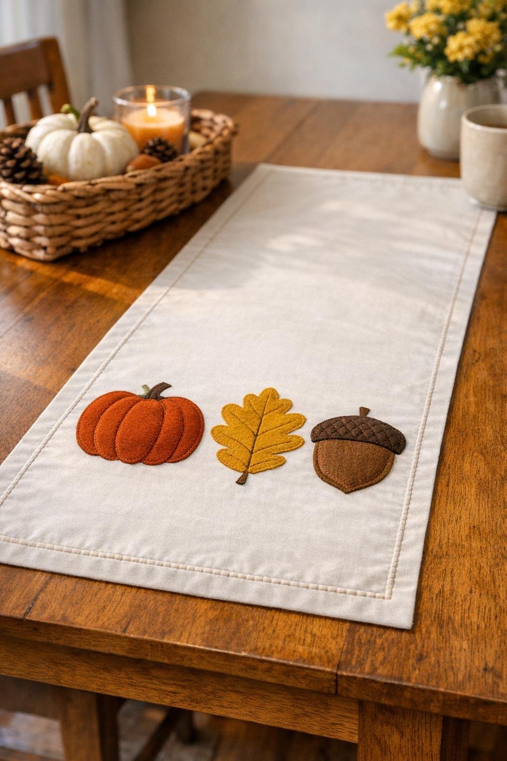 Finished autumn table runner made from old cotton curtains