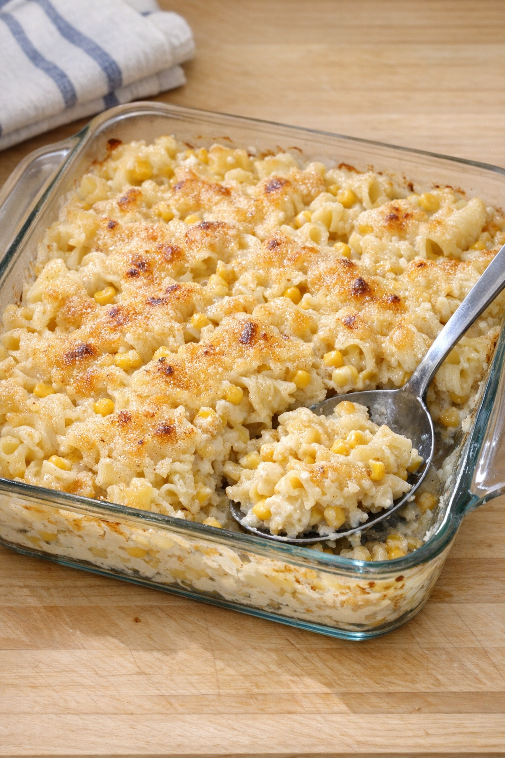 Finished baked sweet corn campanelle pasta in a glass baking dish