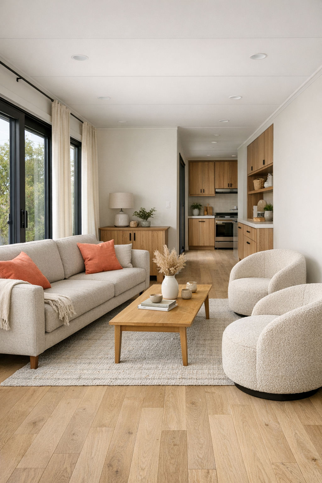 Bright accessible living room with pale oak floors, oatmeal sofa, and coral accents