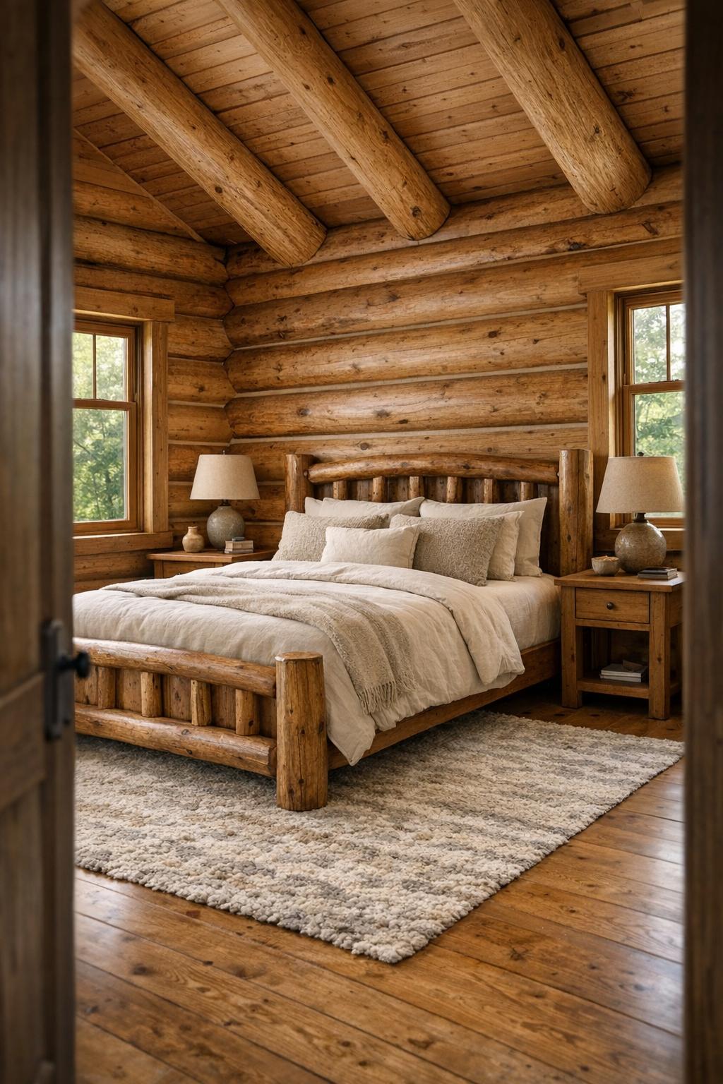 Bedroom with log walls, handcrafted wood bed, and soft neutral bedding