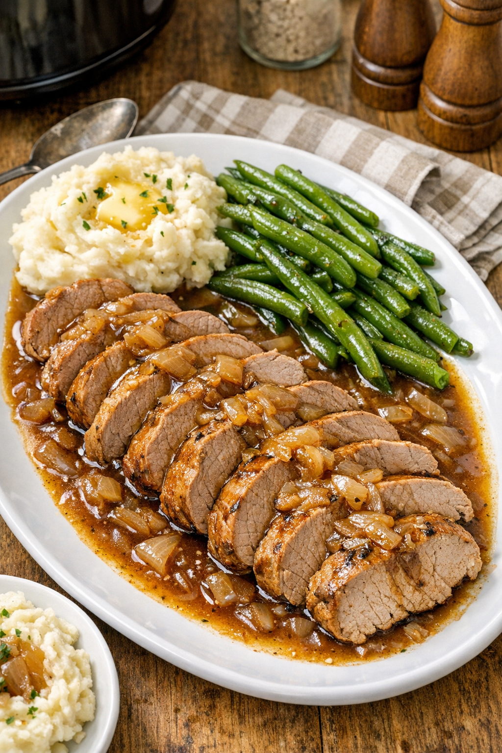 Finished slow cooker pork tenderloin plated with sauce