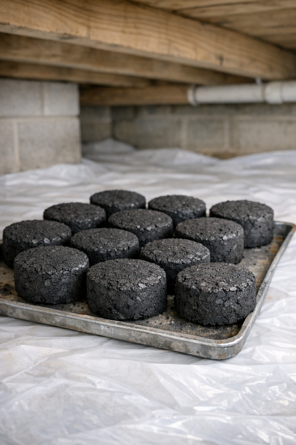 Finished moisture-absorbing charcoal bricks ready for use in a crawlspace