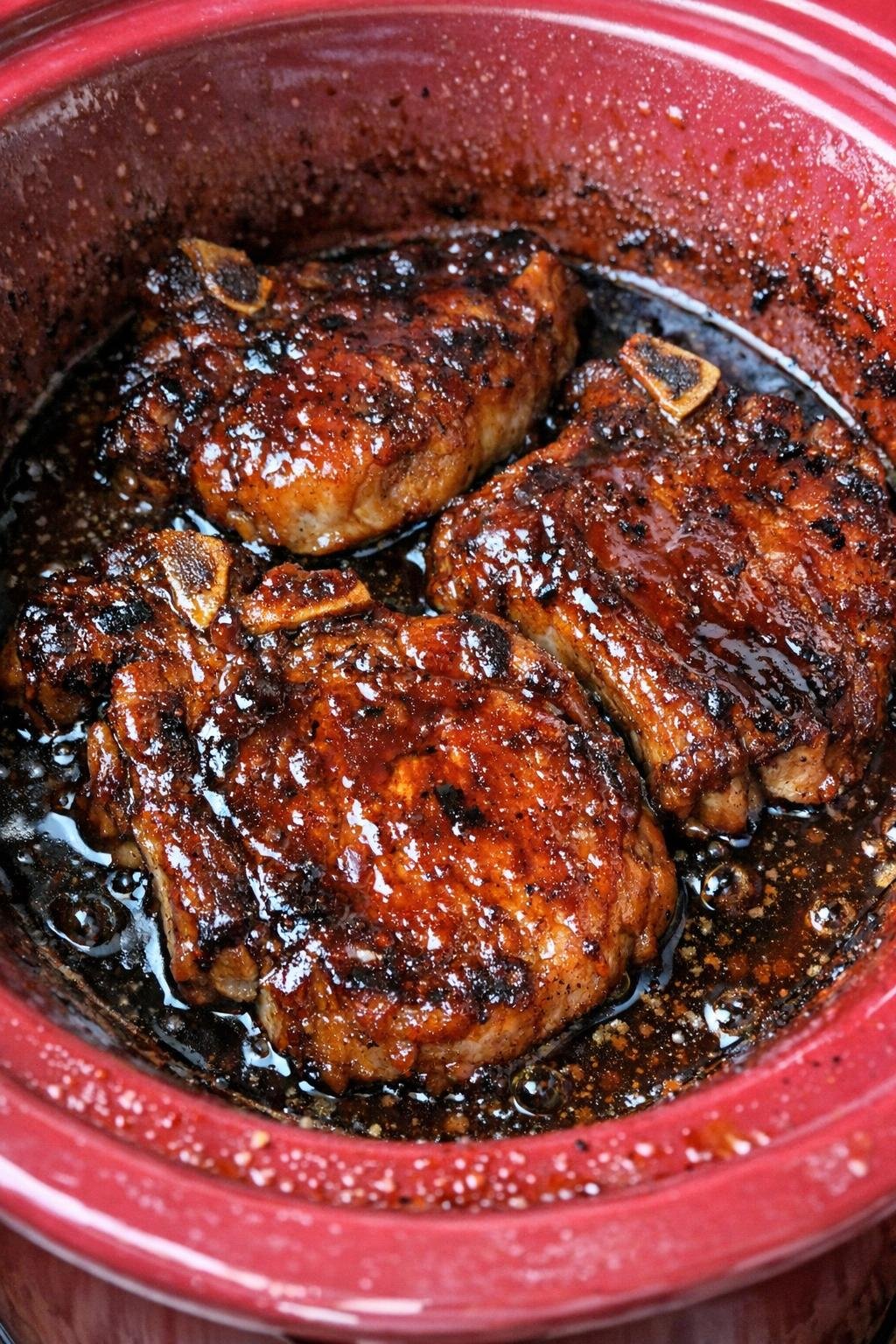 Slow cooker Dr Pepper pork chops in a red slow cooker