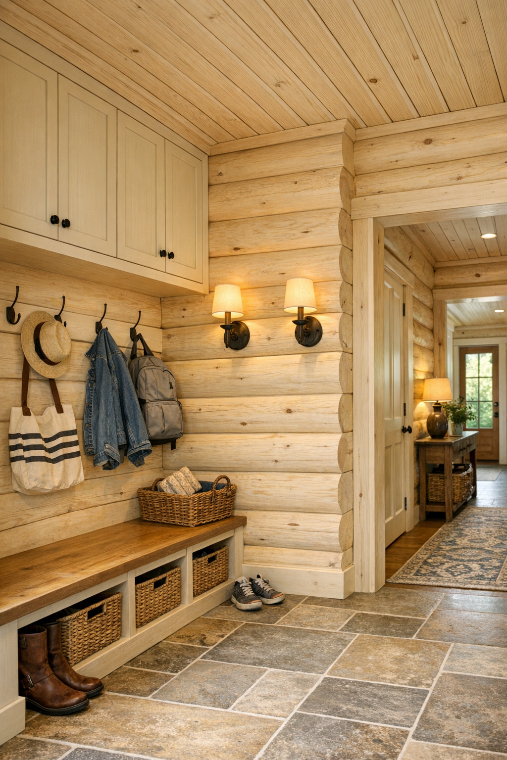 Mudroom and hallway area with built-in bench, storage, and pale log walls
