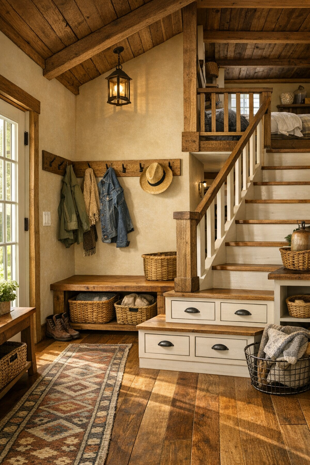 Smartly designed tiny home entry and loft stair area with built-in storage and farmhouse details