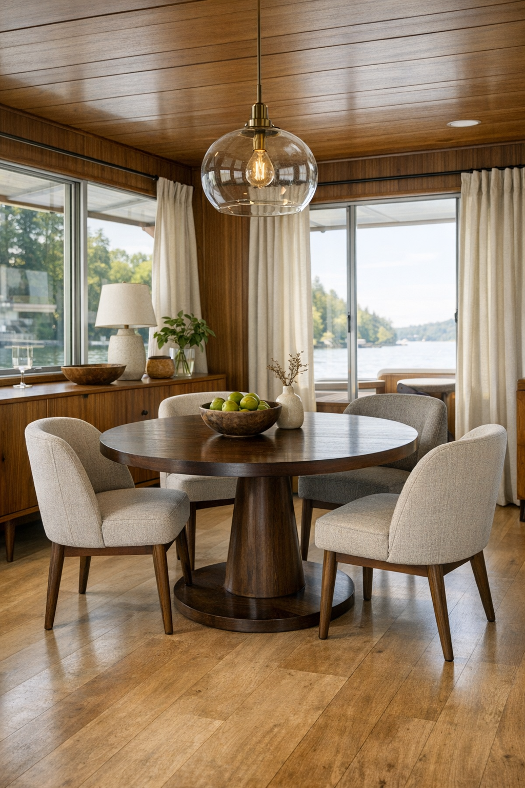 Accessible dining area with round dark wood table and upholstered mid-century chairs
