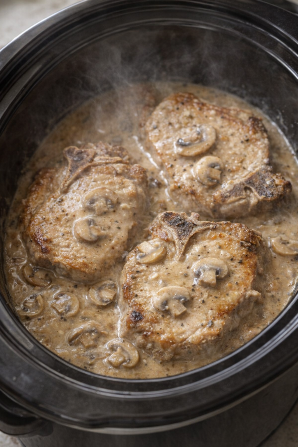 Slow cooker pork chops in creamy mushroom gravy