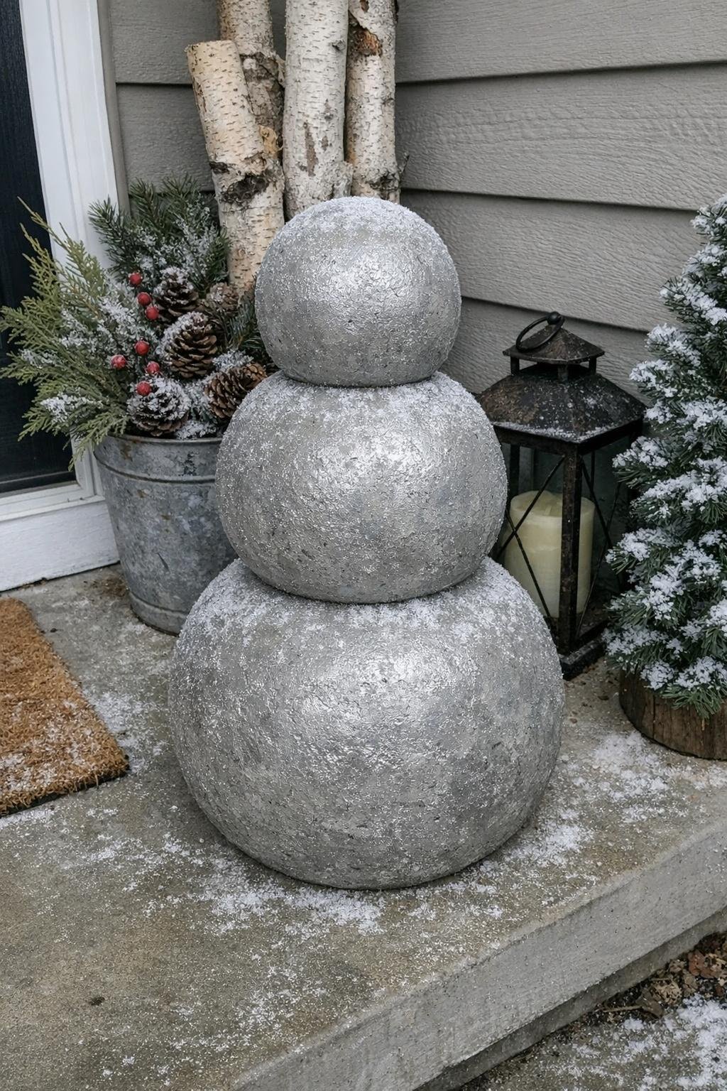 Stacked concrete snowman spheres on a porch