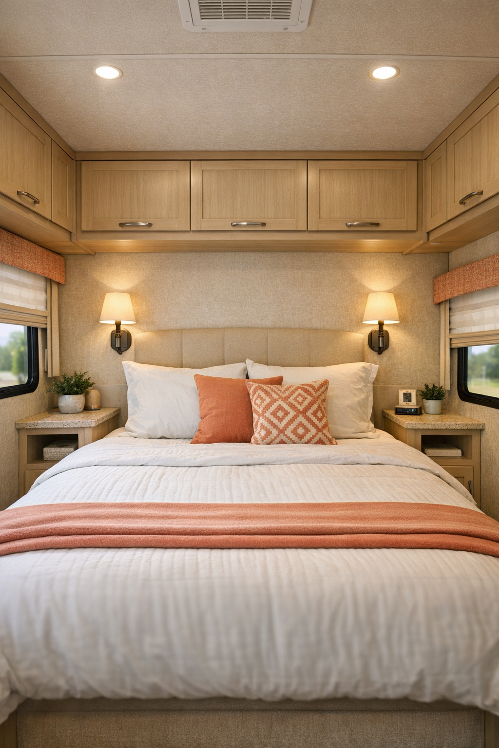 Cozy RV bedroom with low bed, beige upholstery, white bedding, and built-in storage