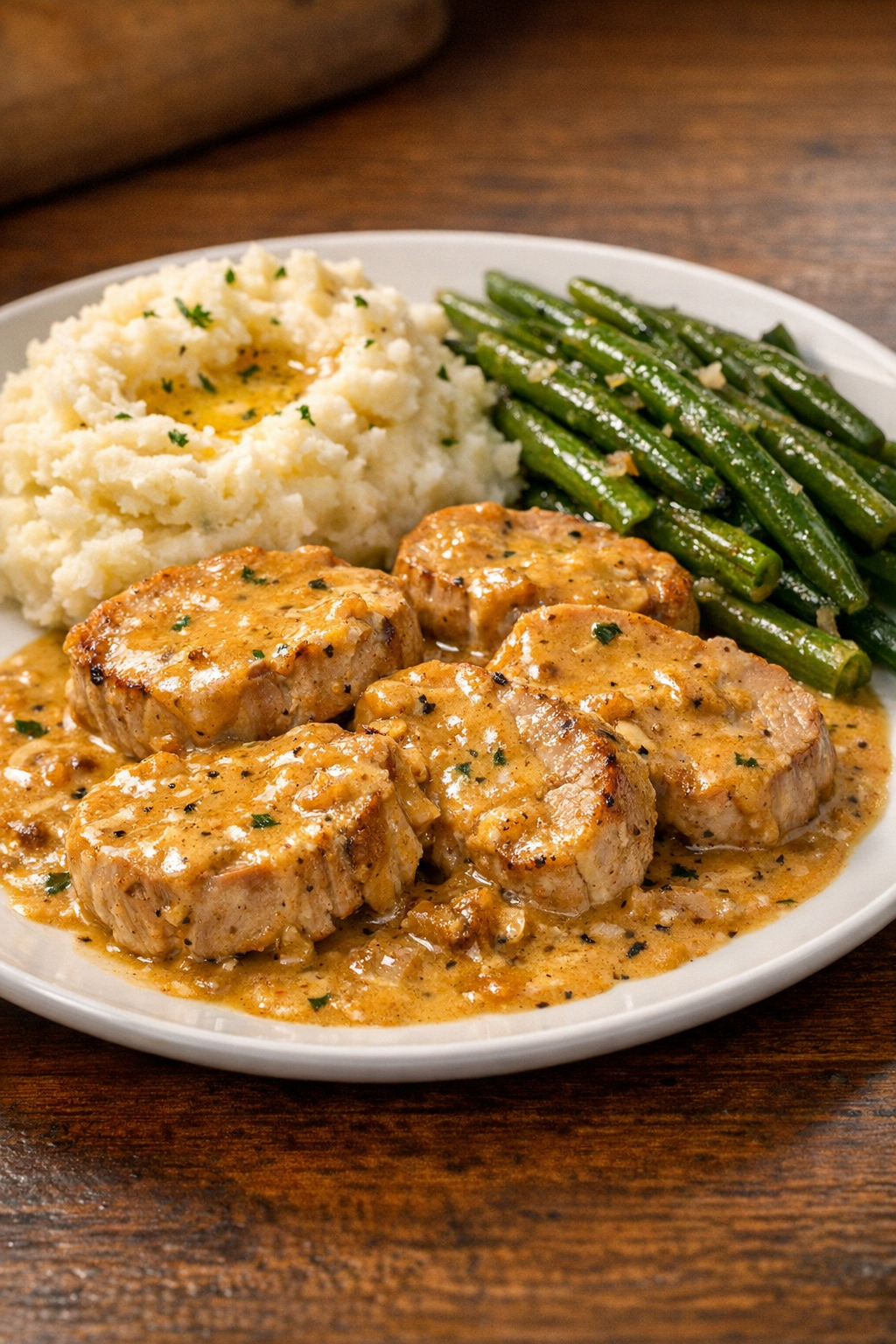 Plated smothered pork tenderloin served with mashed potatoes