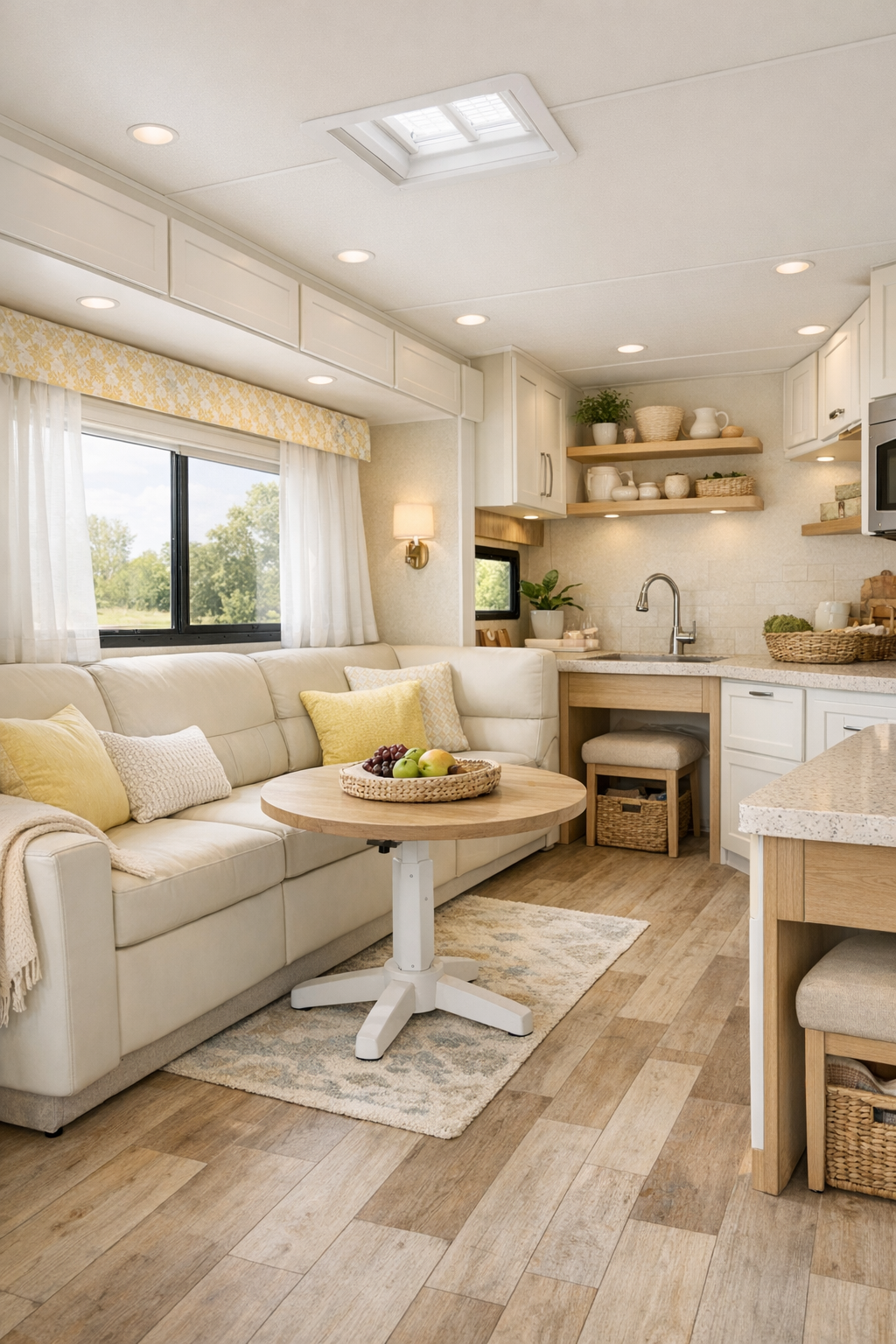 Pastel lemon RV camper living room with cream built-in sofa and light wood finishes