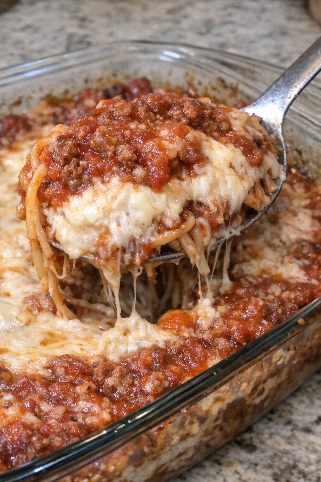 Baked million dollar spaghetti in a glass casserole dish