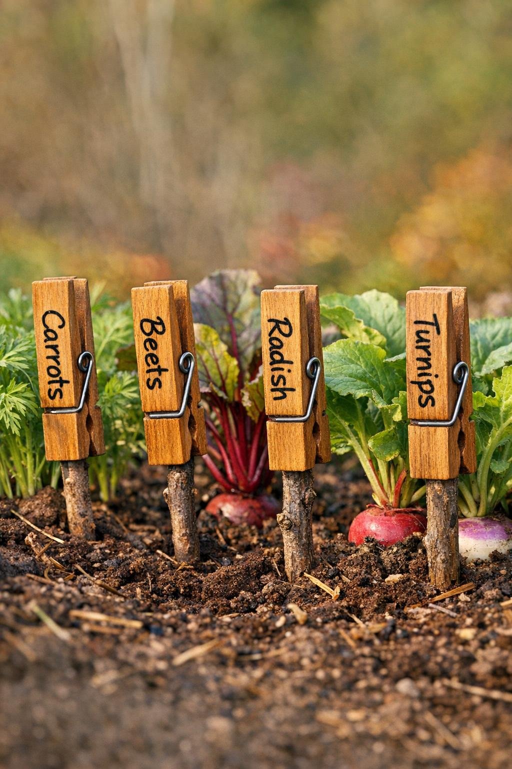 Finished baked clothespin root vegetable markers placed in a fall garden bed