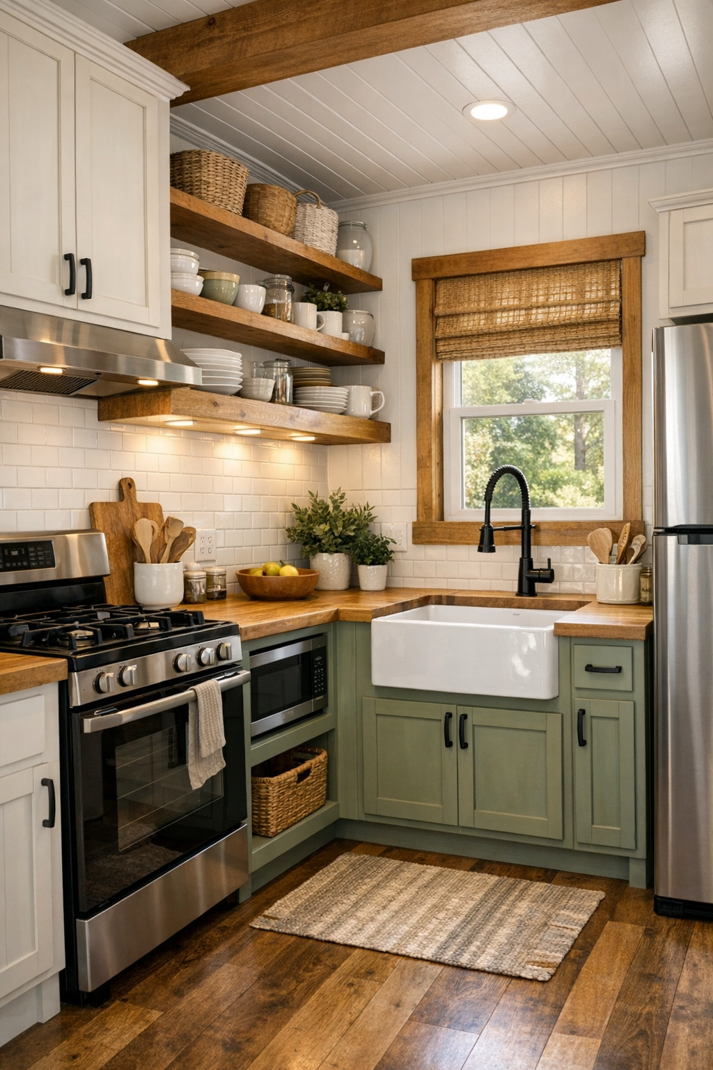 Charming compact kitchen with craftsman cabinetry, butcher block counters, warm lighting, and sage green accents