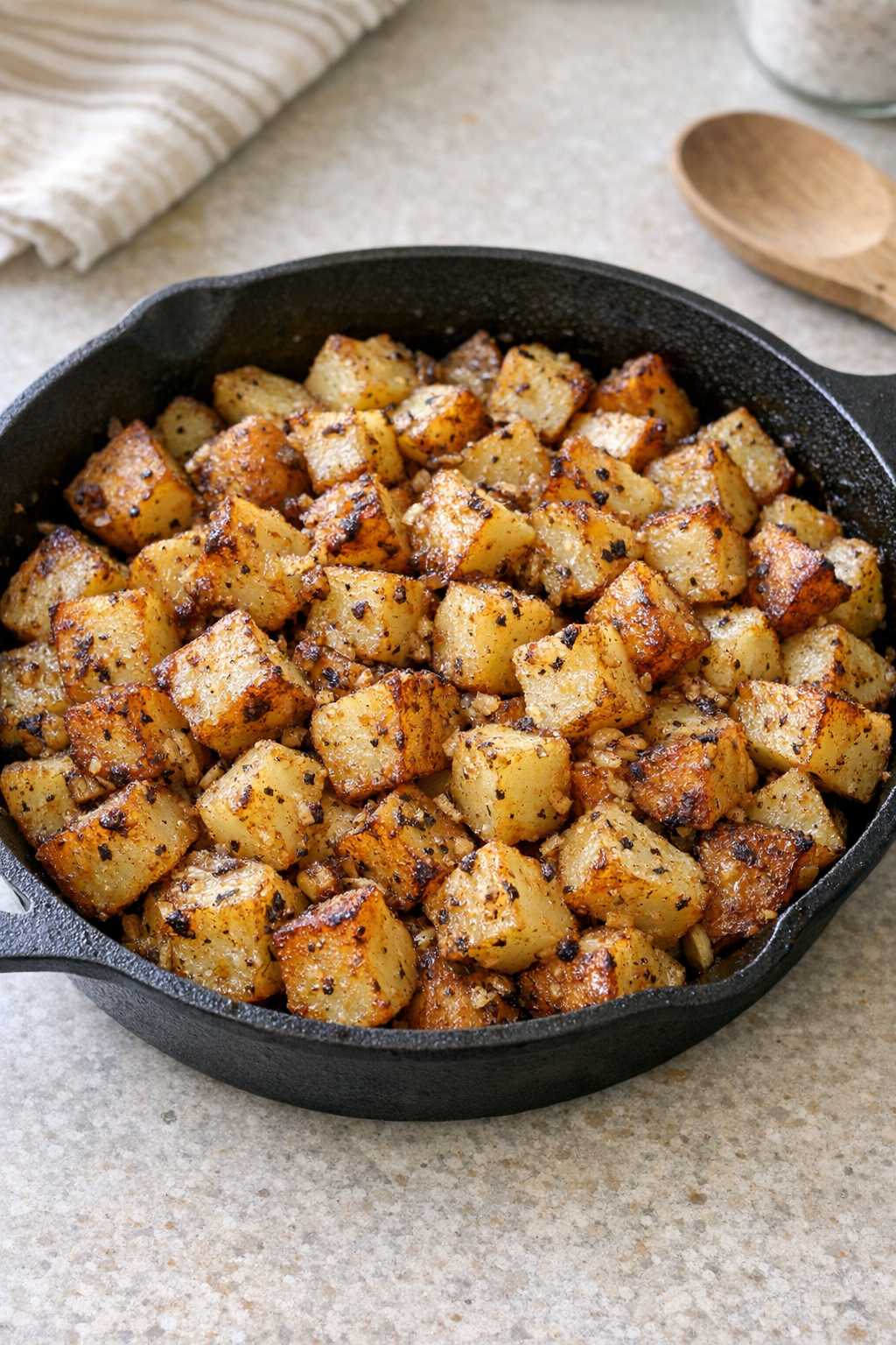 Finished onion roasted potatoes in a cast iron skillet
