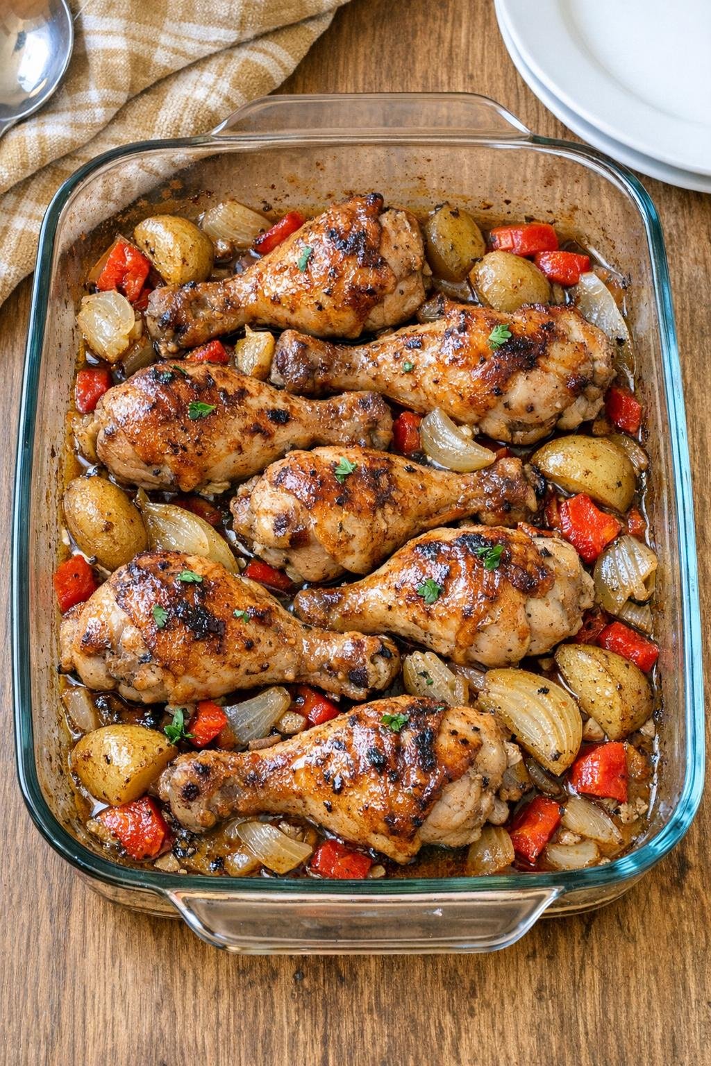 Finished baked chicken drumsticks in a glass casserole dish