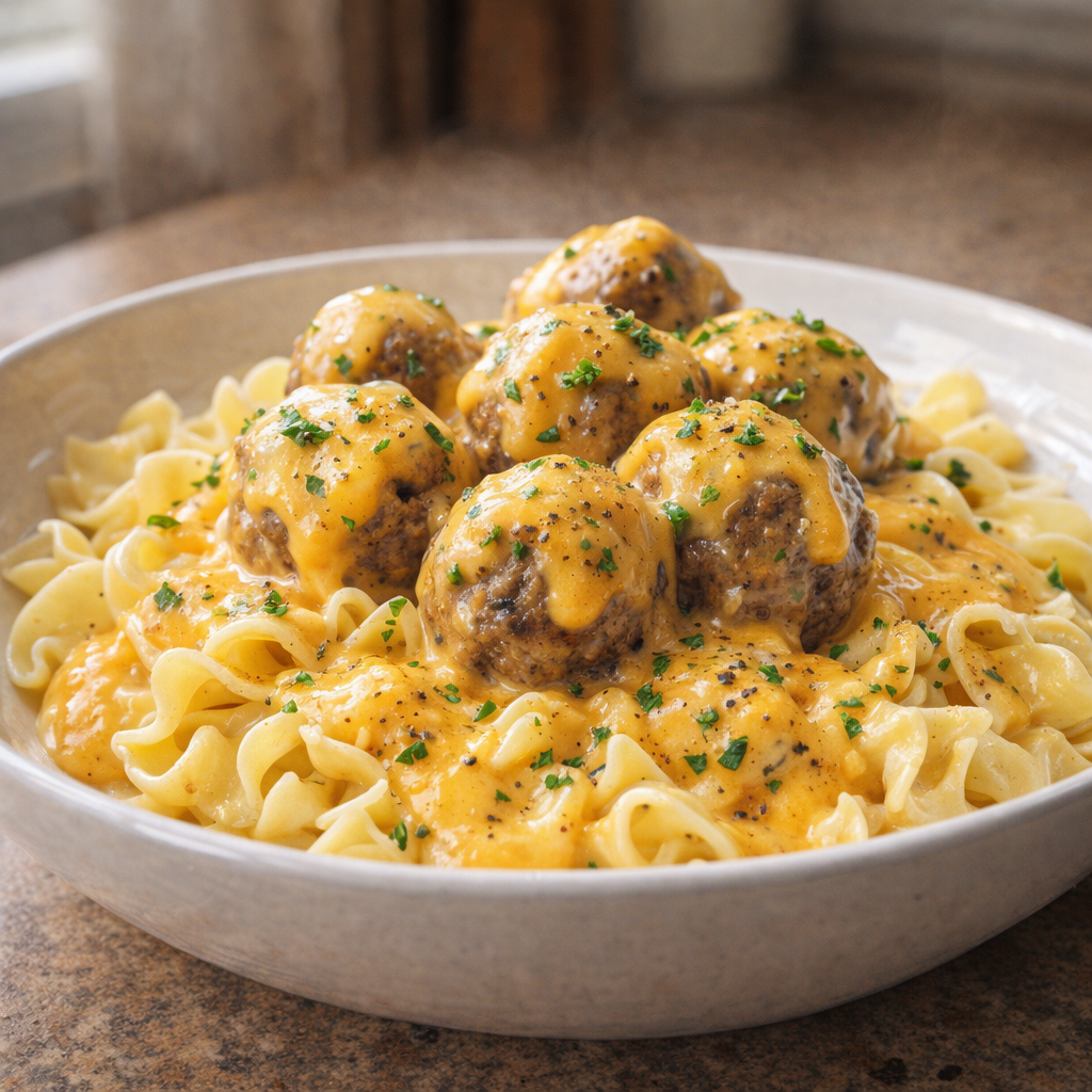 Slow cooker cheddar beef meatballs served over egg noodles