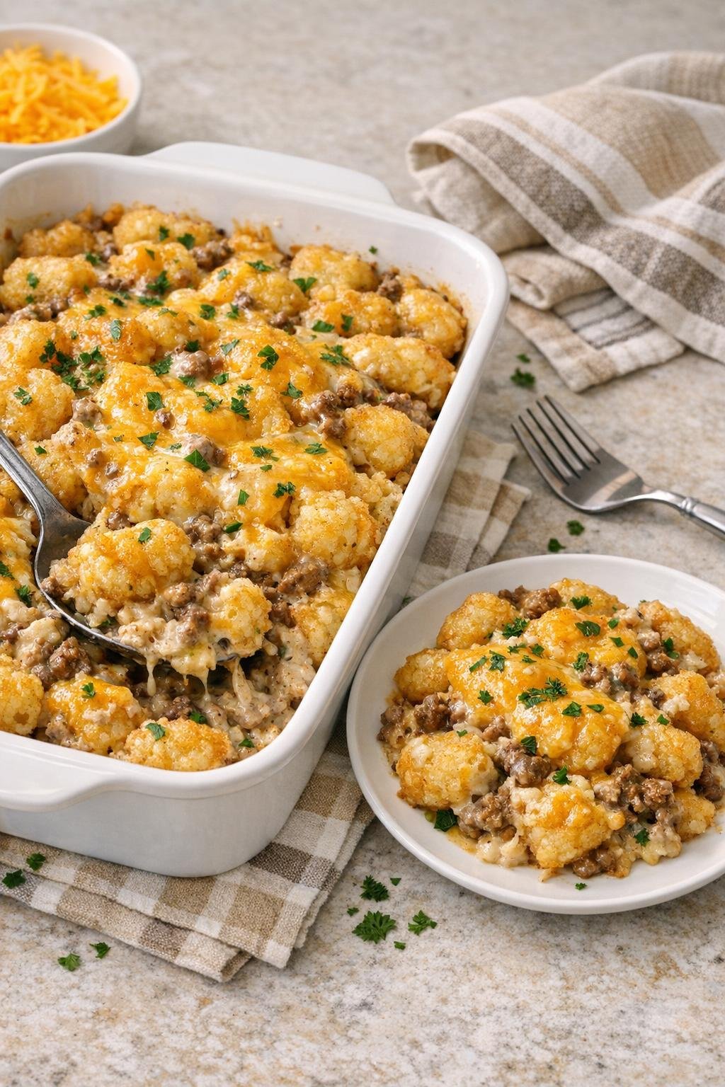 Finished French onion tater tot casserole plated and ready to serve