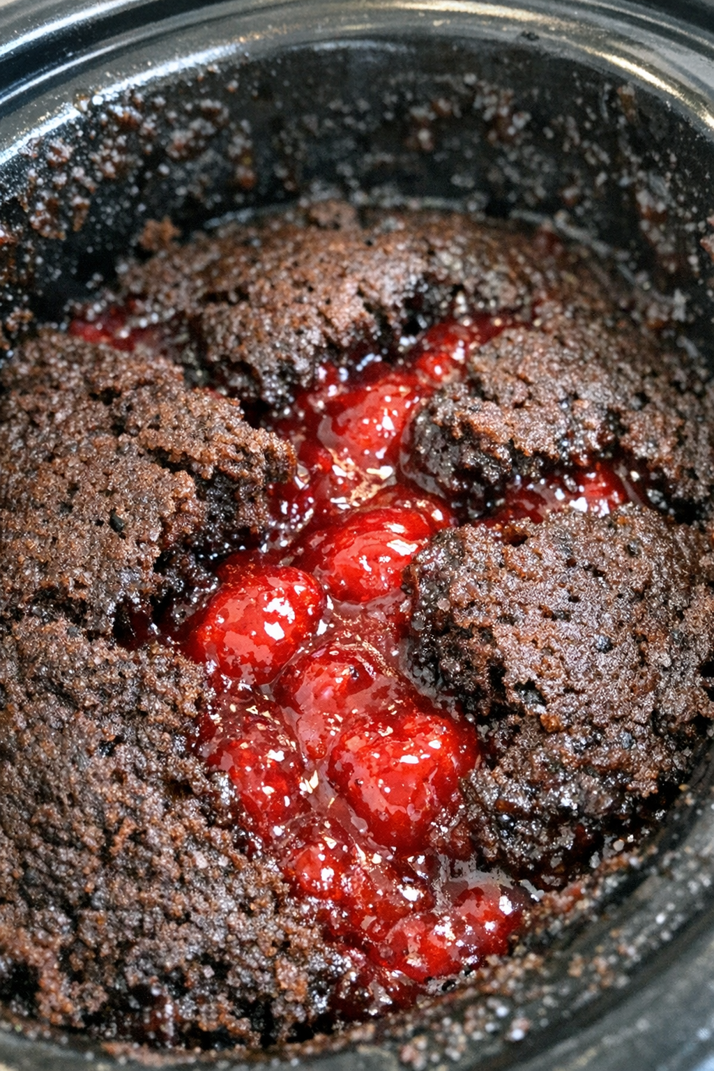 Dense espresso-colored slow cooker treat with glossy crimson center