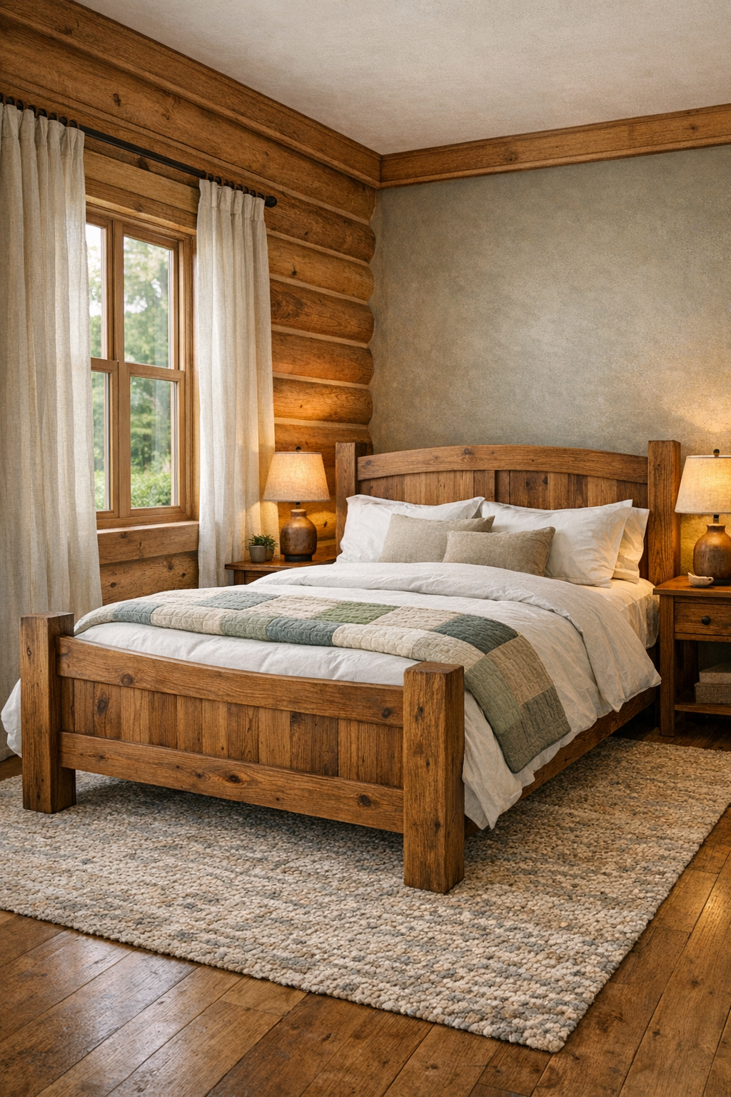 Cozy log home bedroom with handcrafted wood bed, layered bedding, and soft natural textures