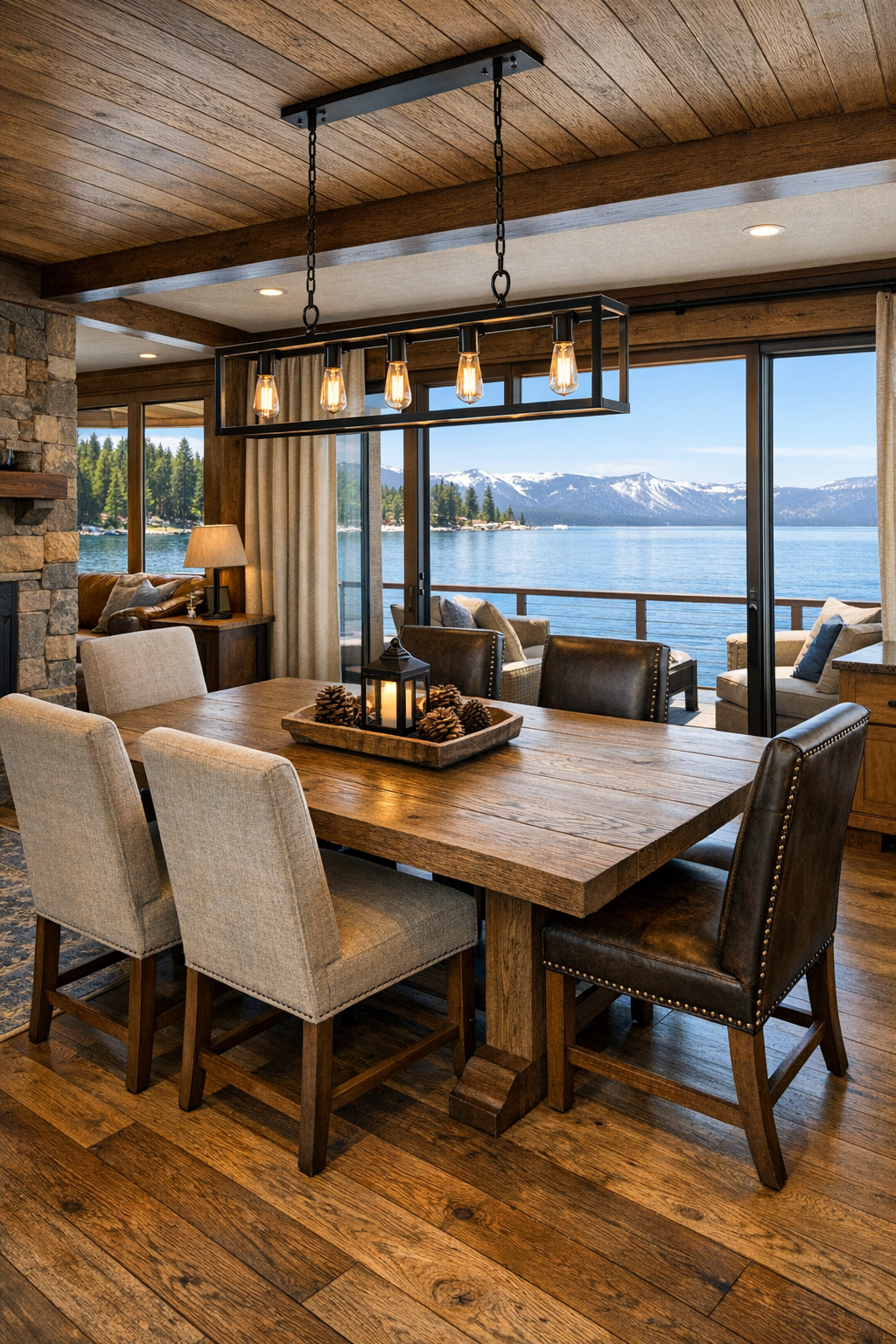 Warm lodge-inspired dining room with an oak table, upholstered chairs, and lake views