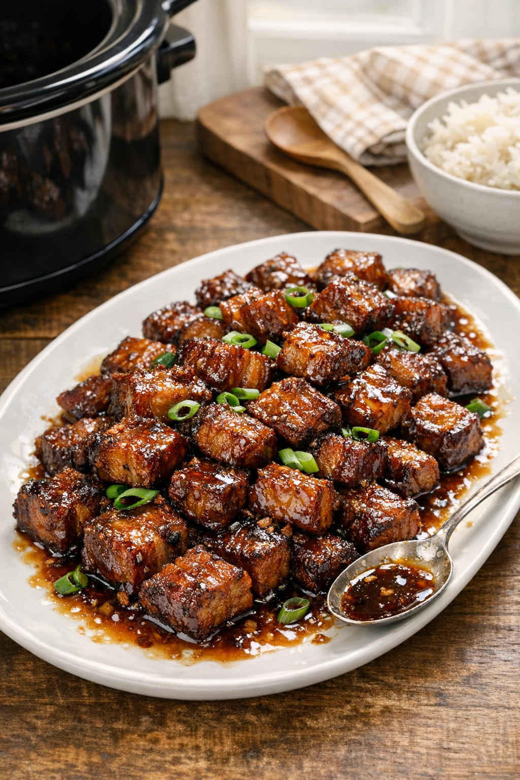 Finished slow cooker pork belly served on a platter