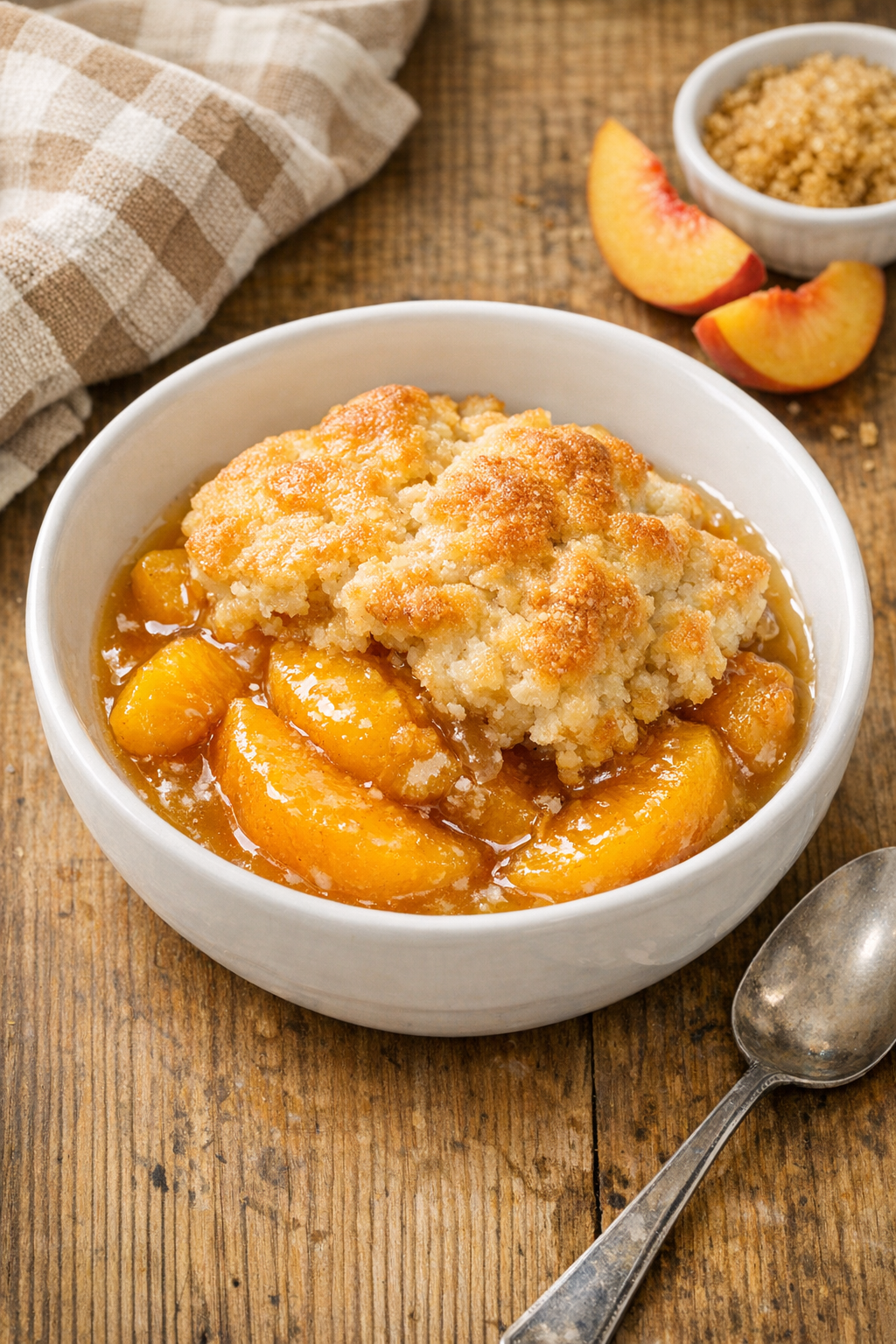 Finished slow cooker peach dessert in a bowl