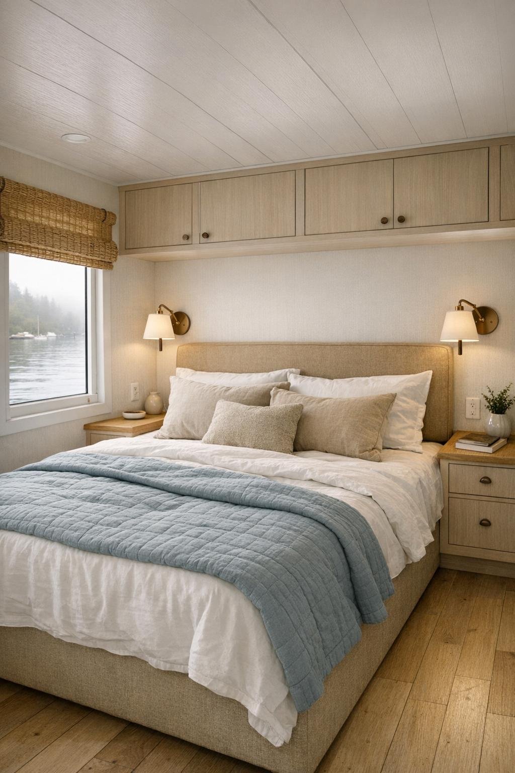 Serene houseboat bedroom with upholstered headboard and soft blue accents
