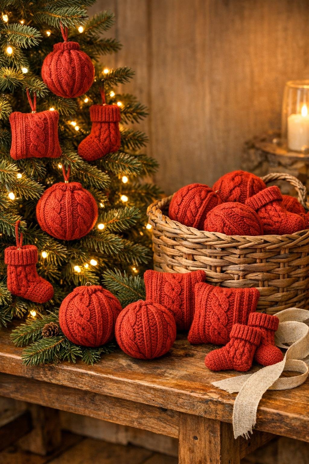 Finished sweater knit ornaments displayed on a Christmas tree and in a cozy holiday setting