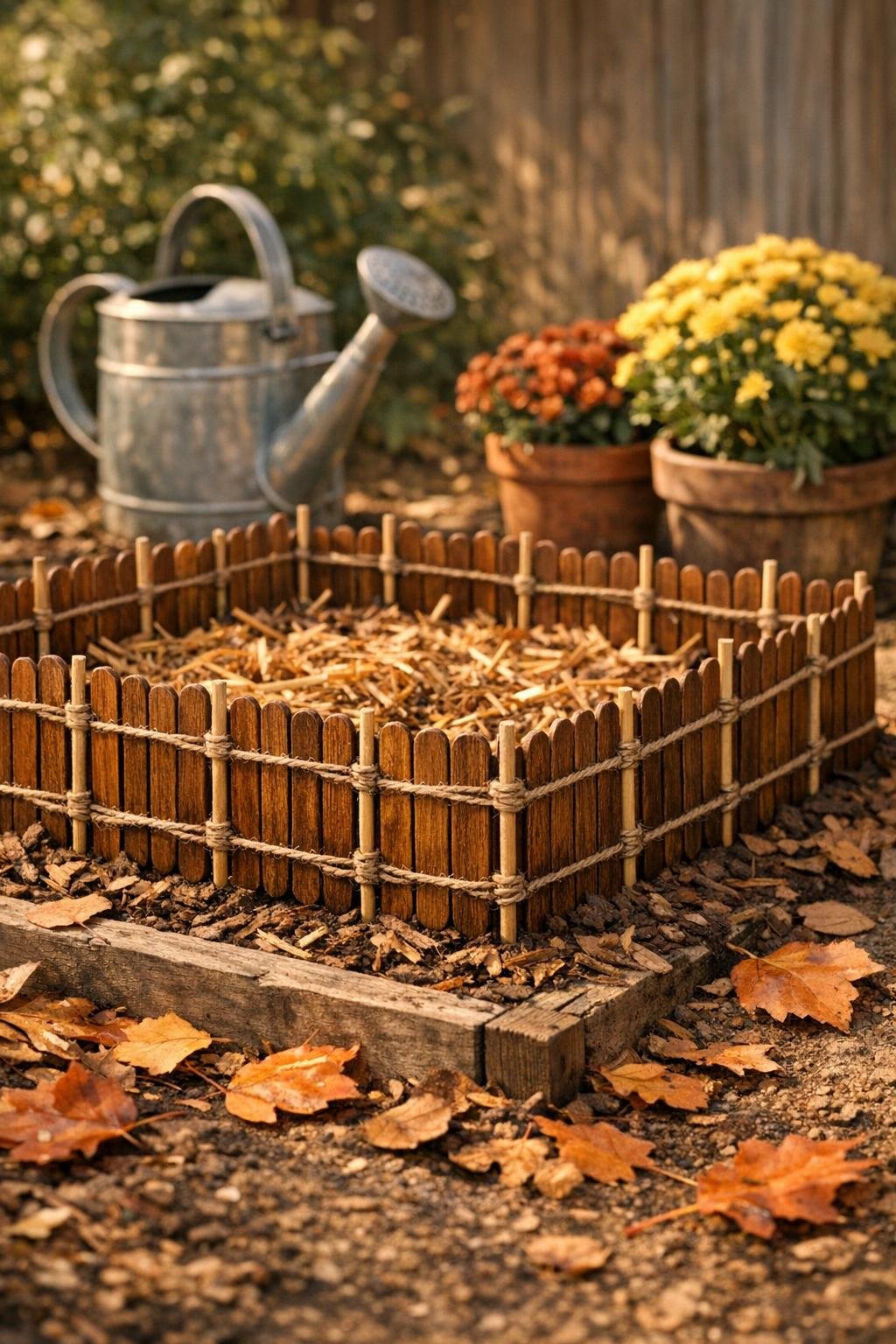 Finished popsicle stick critter deterrent around a garlic bed