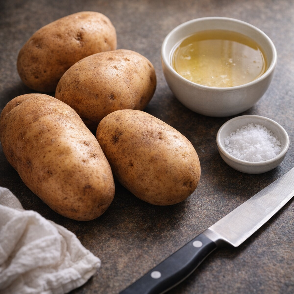 Simple ingredients of potatoes, oil, and salt laid out on a countertop