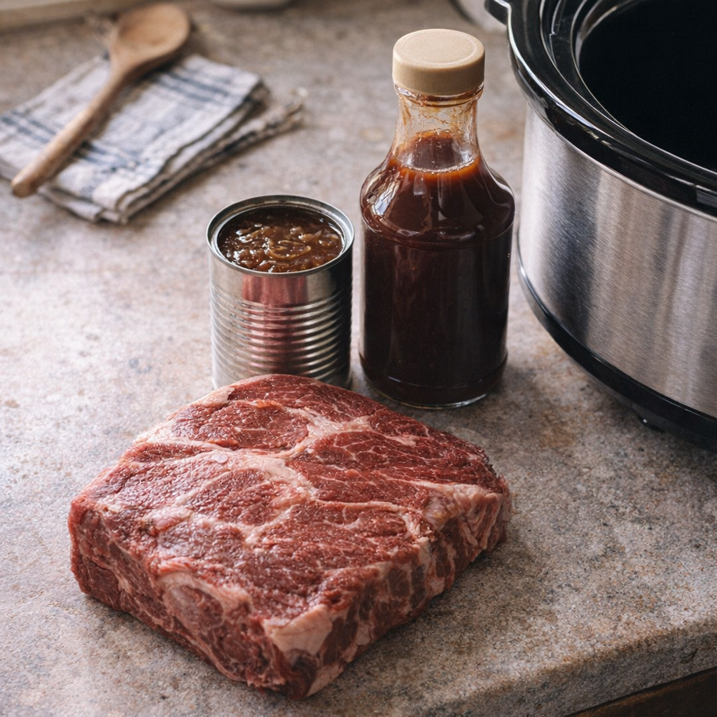 Slow cooker roast ingredients on a worn farmhouse counter