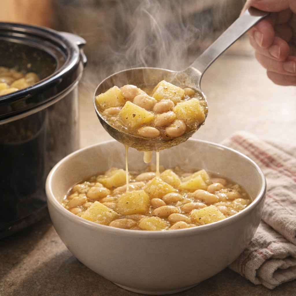 Serving the potato and butter beans from a slow cooker