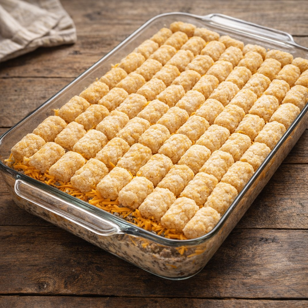 Unbaked tater tot casserole assembled in the baking dish