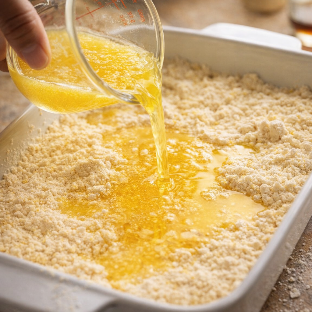 Melted butter drizzled over cake mix topping