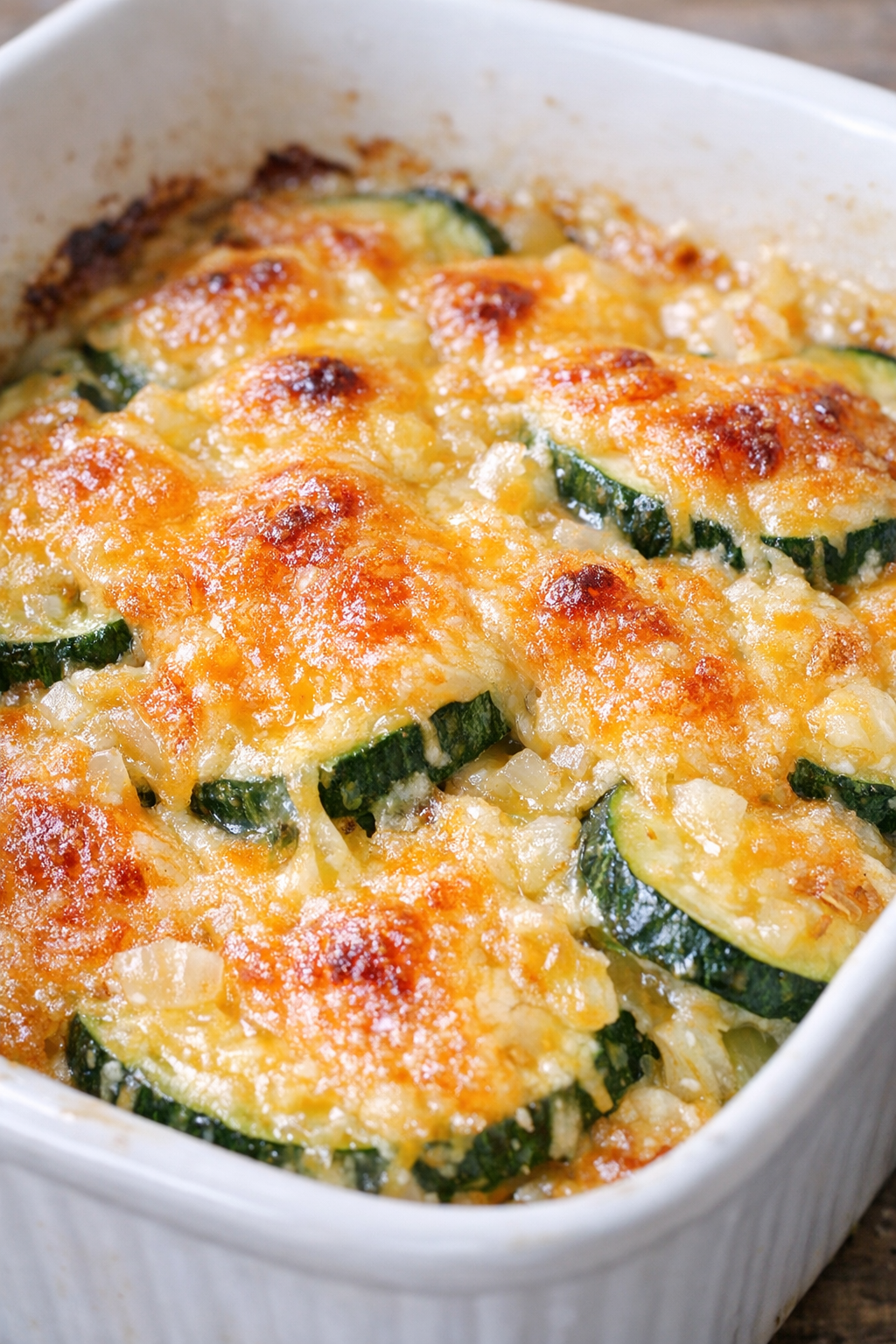 Low carb cheddar zucchini bake fresh from the oven