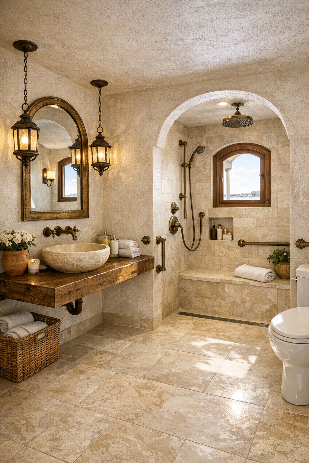 Elegant accessible bathroom with a floating wood vanity and level-entry shower