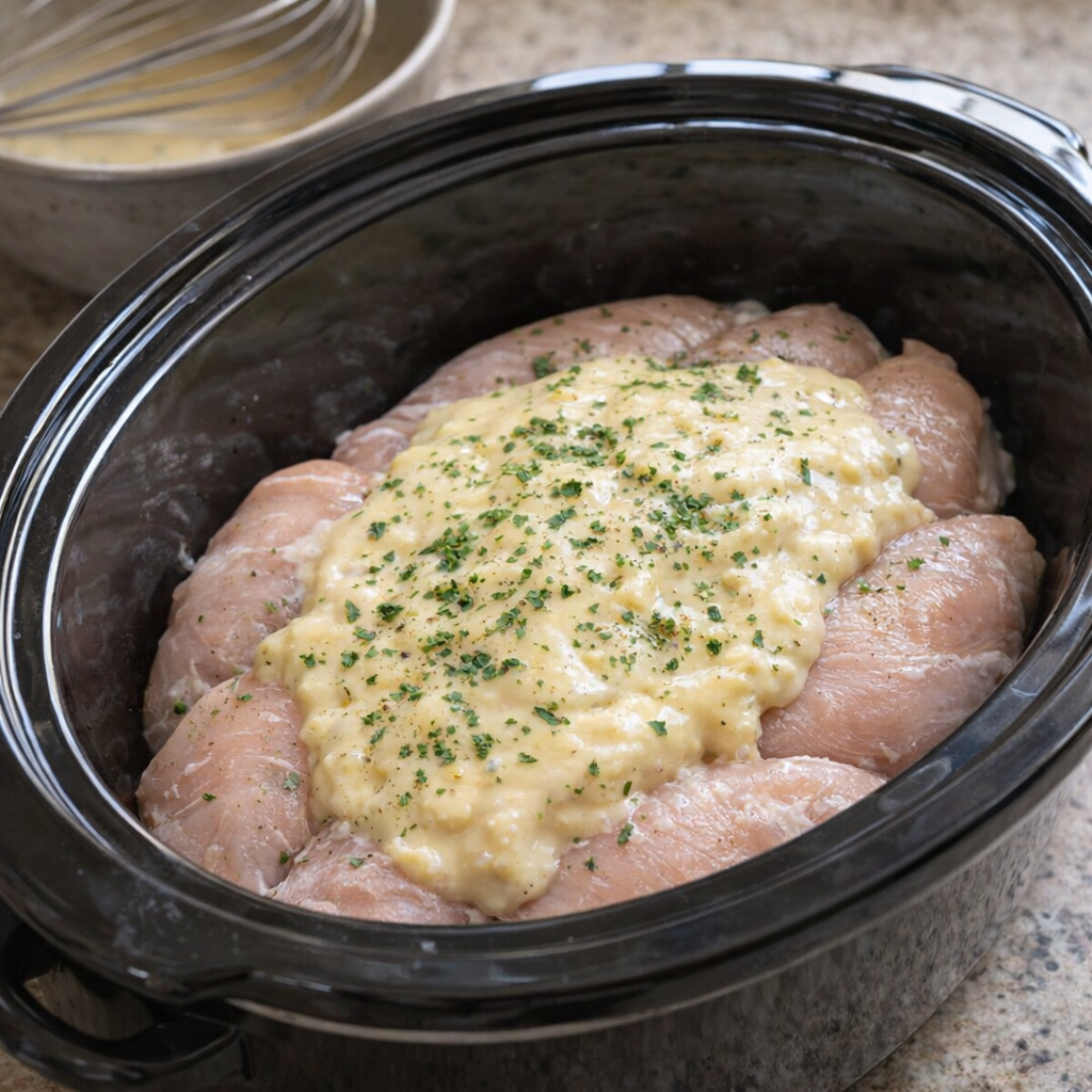 Chicken breasts and creamy soup mixture in a slow cooker before cooking