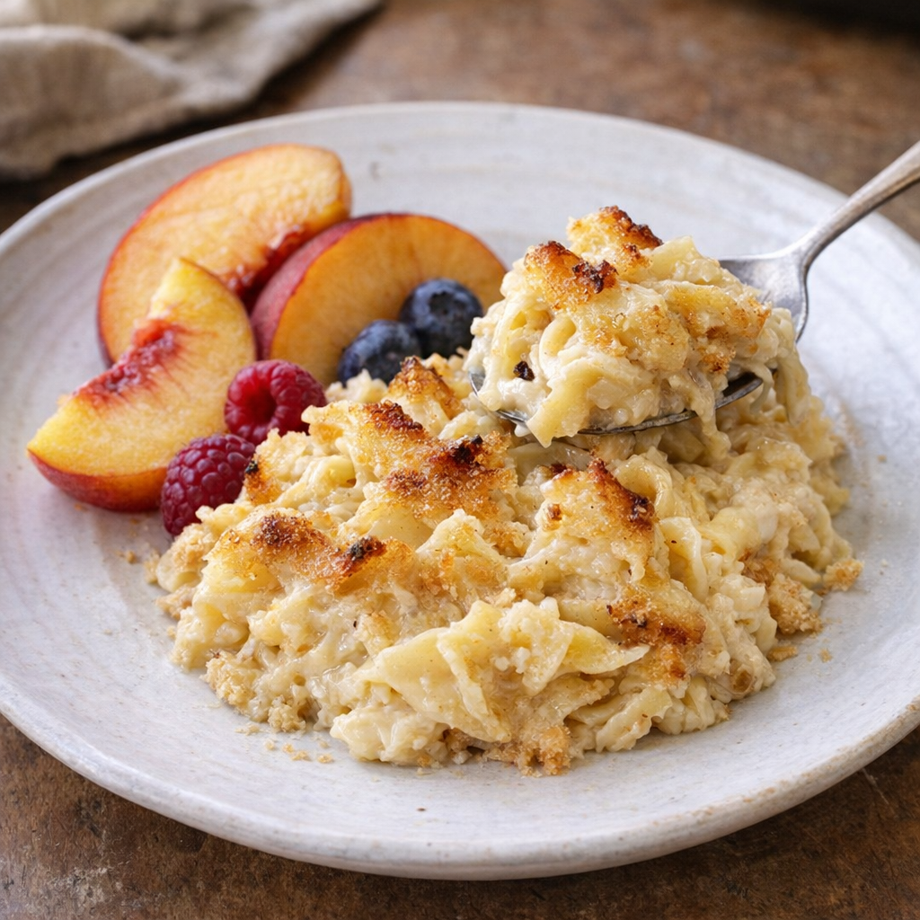 Serving of sweet cream noodle bake with peaches on a farmhouse plate