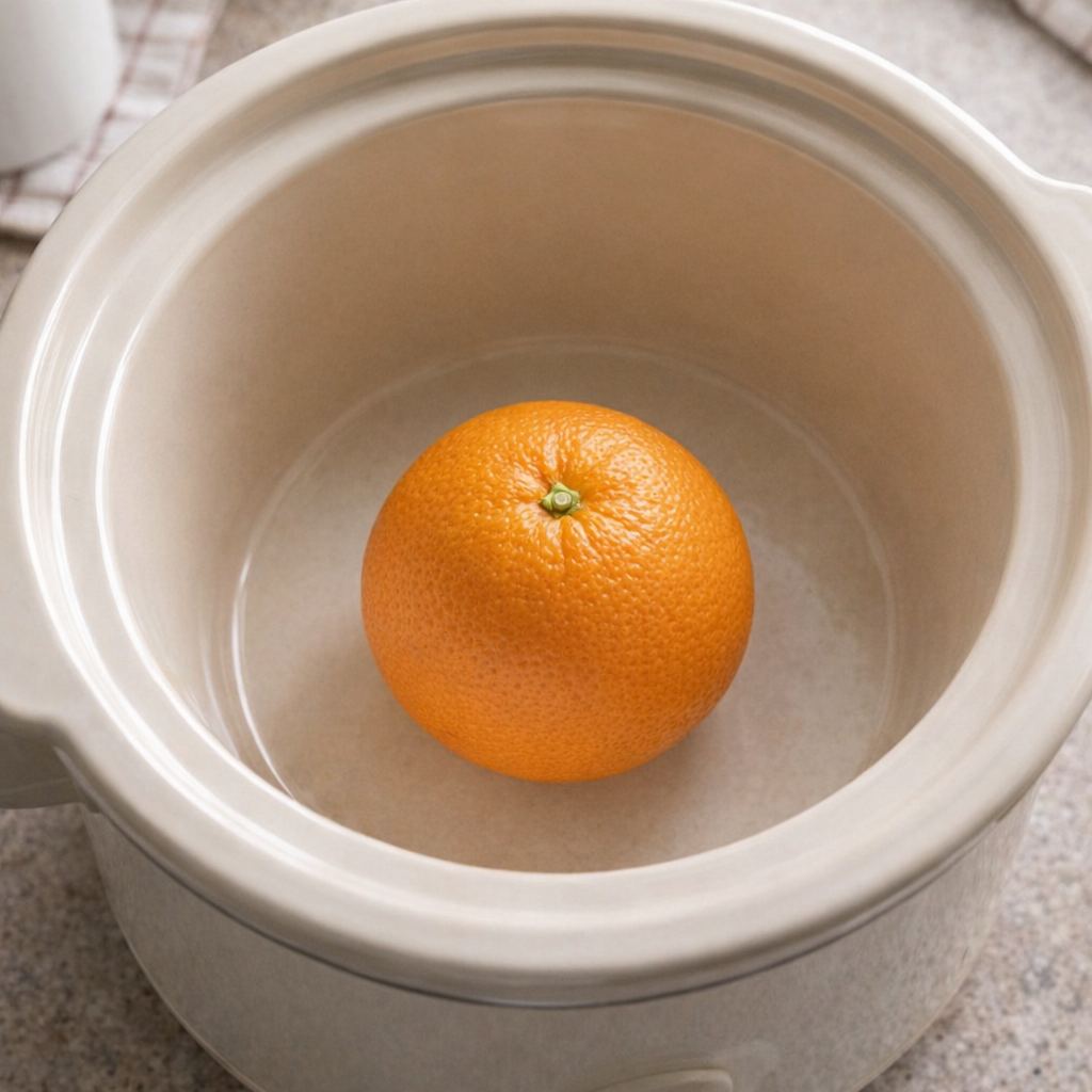Whole orange resting in a slow cooker