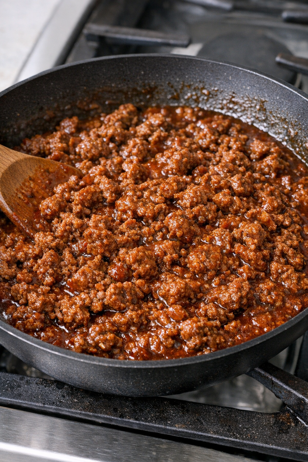 Seasoned taco beef thickening in the skillet