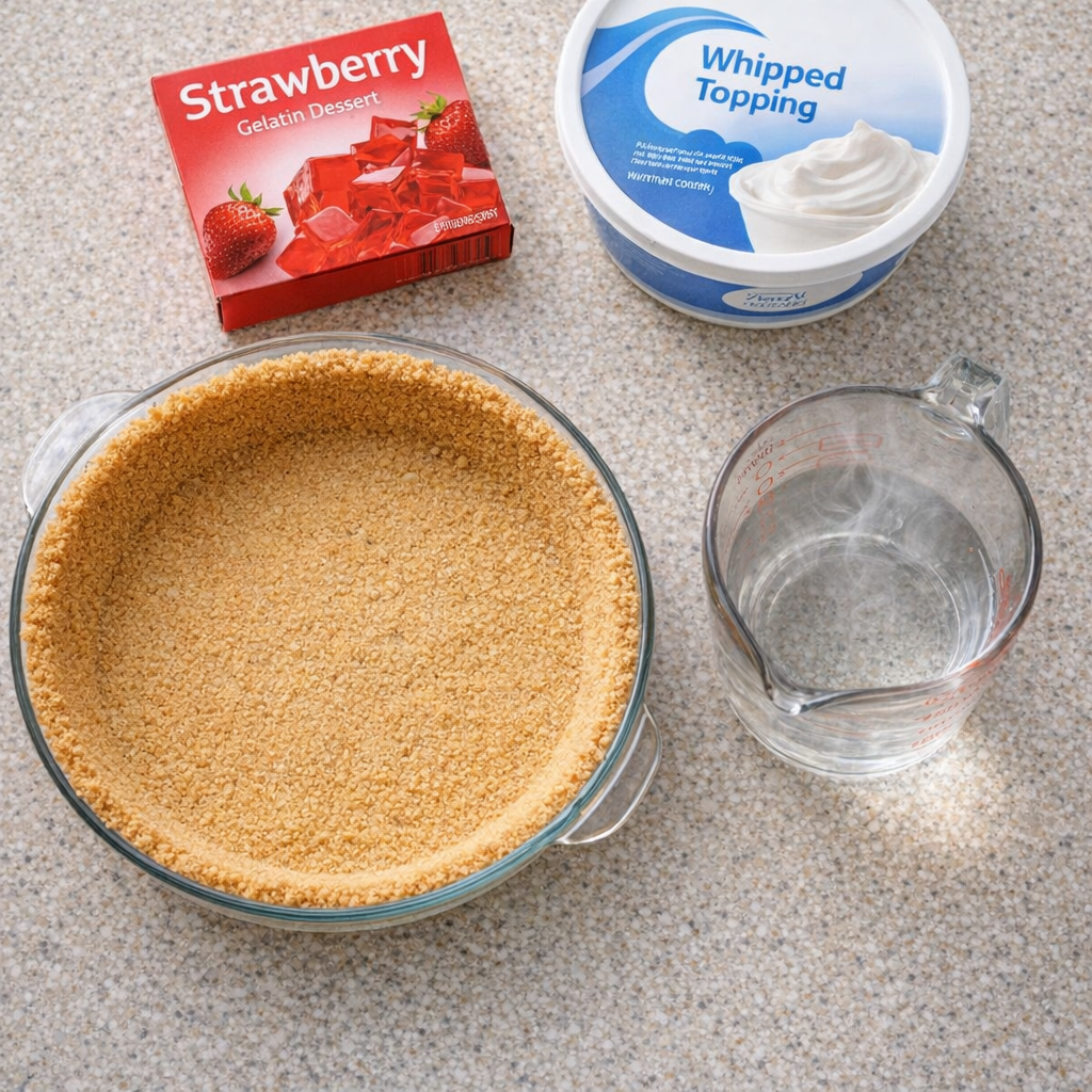 Simple ingredients for strawberry fluff pie laid out on a counter