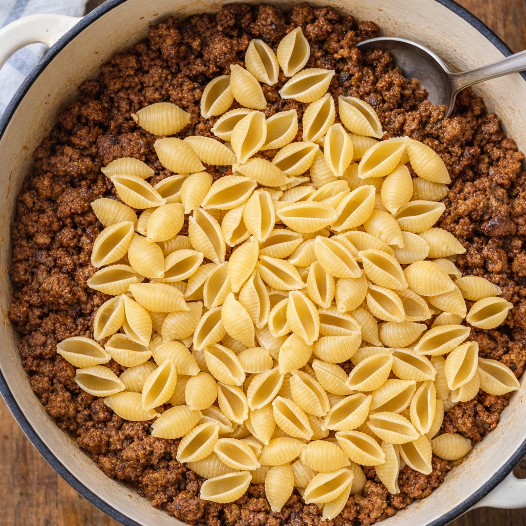 Uncooked pasta shells layered over browned ground beef in a pot
