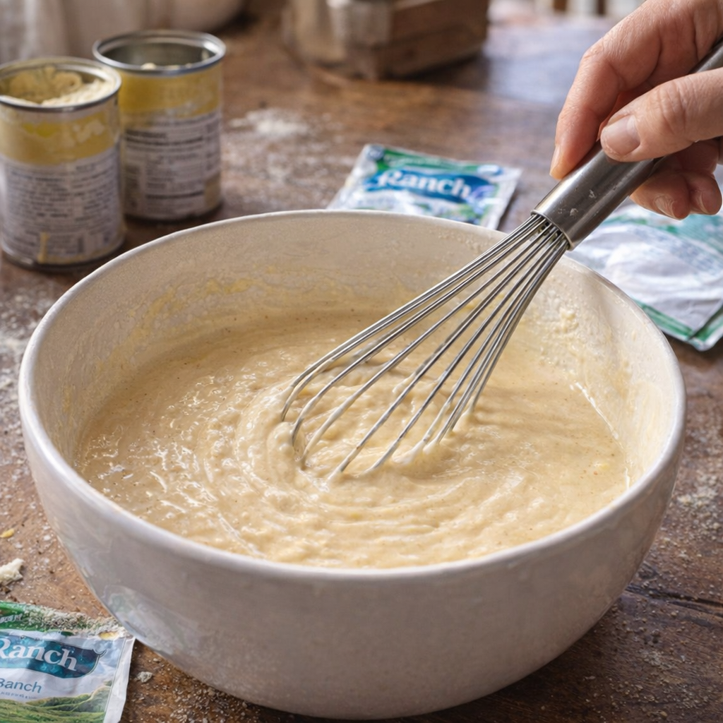 Mixing bowl with creamy ranch sauce for pasta bake