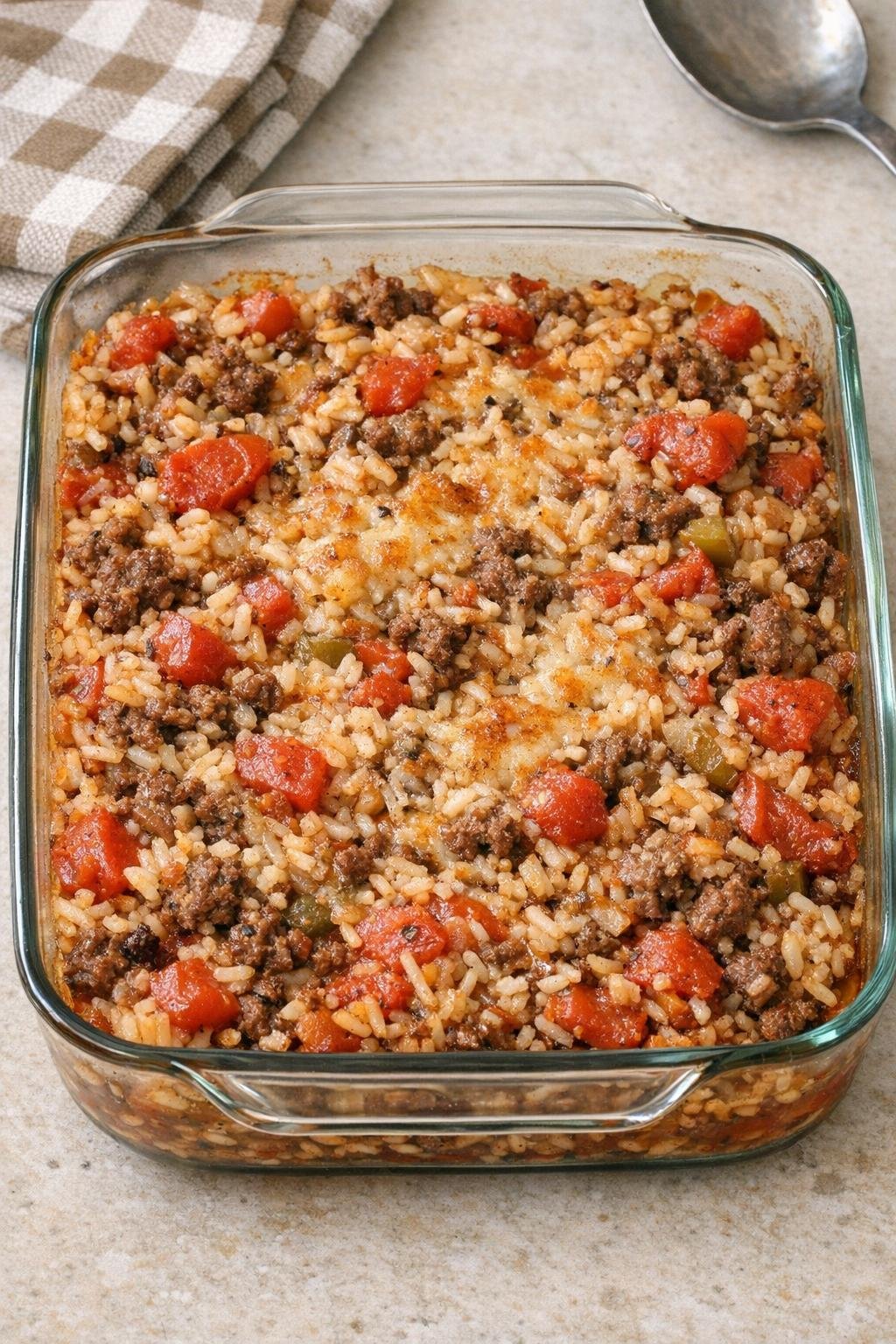 Finished Texas hash bake in a glass casserole dish